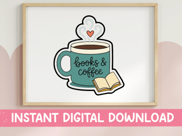 Books and Coffee Teal Mug Sticker Graphics for T-Shirt Designs