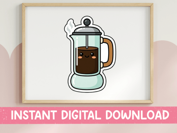 Kawaii French Press Coffee Sticker: Graphics & T-Shirt Designs